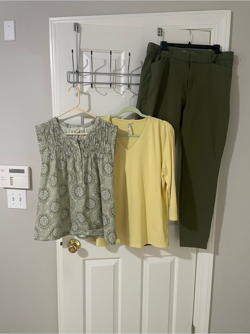 Olive Green Trousers sz16 with Green Printed Top and Pale Yellow xl  tops